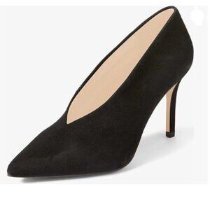 XYD Black Suede High Heel Pumps Pointed Toe V Cut Slip On Dress Shoes